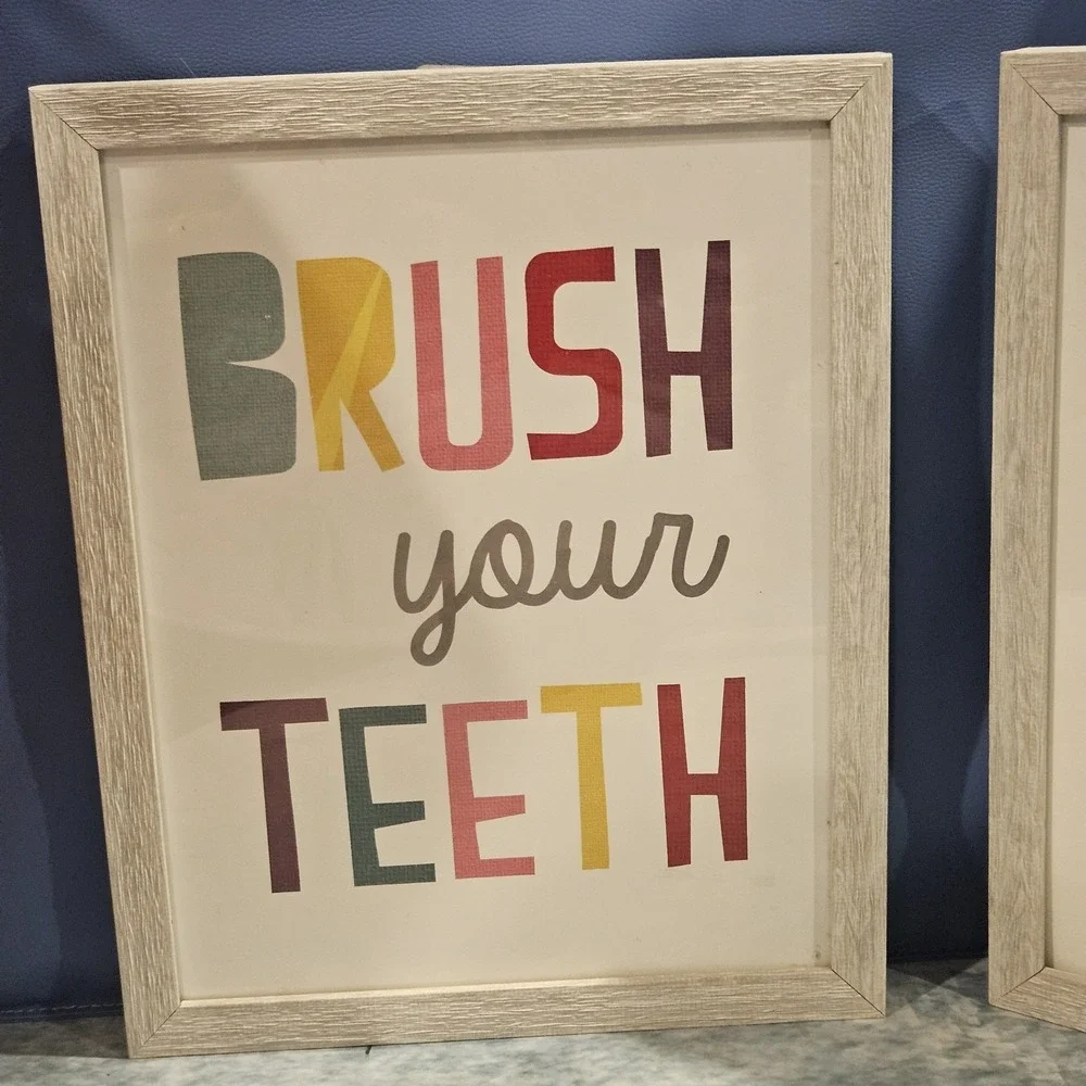 Brush Your Teeth Wash Your Hands Bathroom Wall Decor Set Kids Nursery‎ Framed